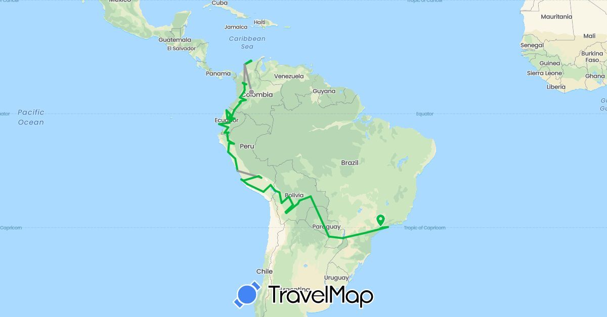 TravelMap itinerary: driving, bus, plane in Argentina, Bolivia, Brazil, Colombia, Ecuador, Peru, Paraguay (South America)