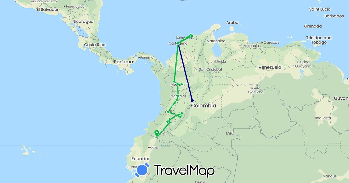 TravelMap itinerary: driving, bus in Colombia, Ecuador (South America)