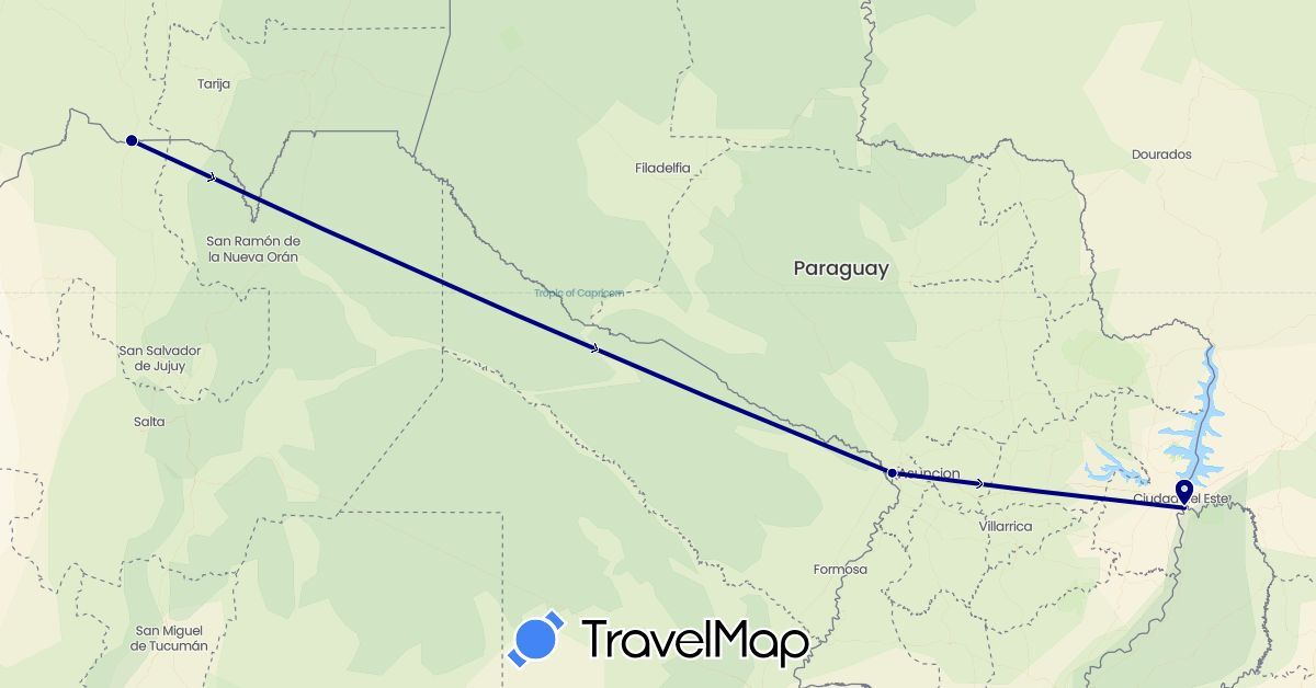TravelMap itinerary: driving in Argentina, Bolivia, Paraguay (South America)
